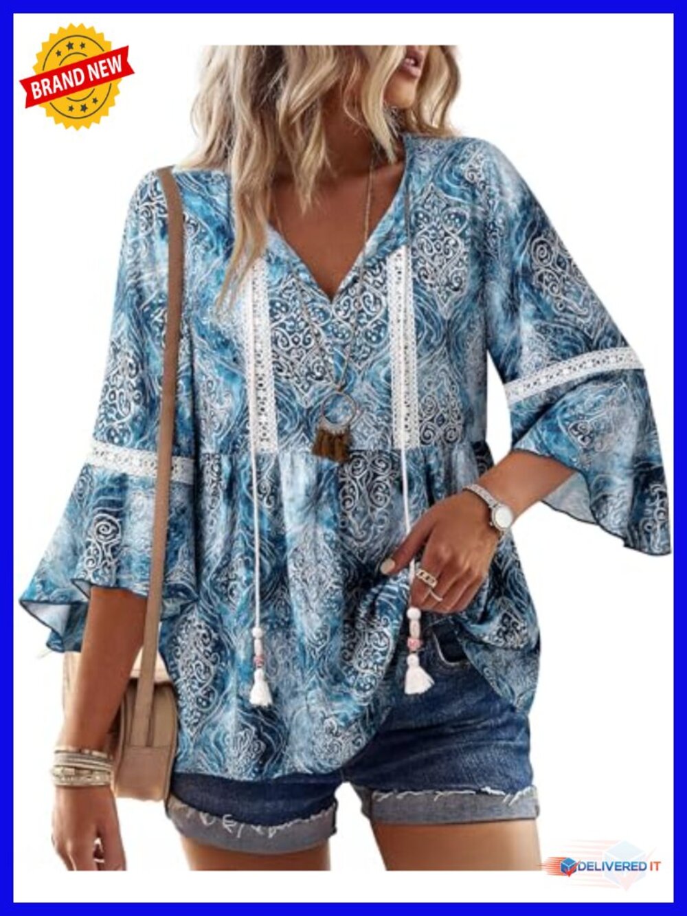 Women's Boho Lace V-Neck Babydoll Tunic Peasant Blouse Rayon 3/4 Sleeve Flowy